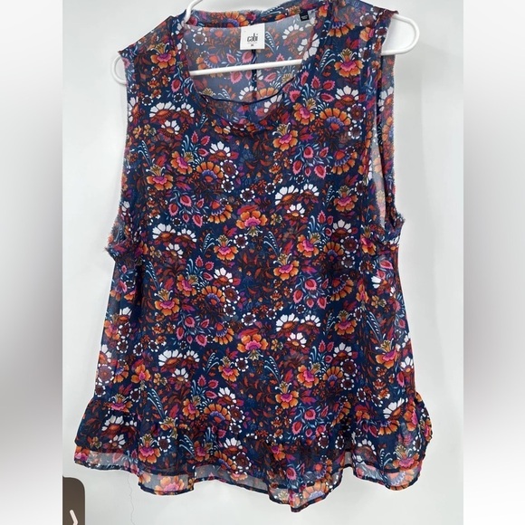 Cabi Lindsey Tank Navy Multi Color Floral Raw Hem Tank #5391 - Size M - Picture 2 of 5